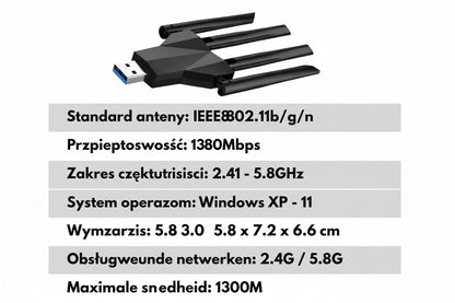 AeroLink™ Adapter Wifi | 5G Dual-Band, 1300M Szybkość i Zasięg Przez Ściany
