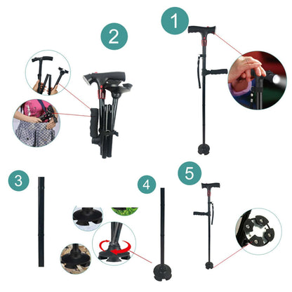 AluCare™ Składana Laska – Regulowana z Oświetleniem LED i Stopą Antypoślizgową