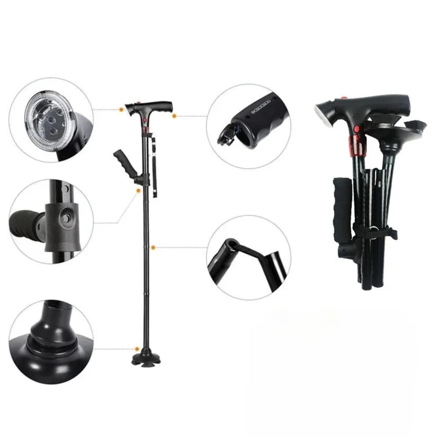 AluCare™ Składana Laska – Regulowana z Oświetleniem LED i Stopą Antypoślizgową