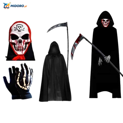 Grimora™ Zestaw | Halloweenowy Płaszcz, Maska Szkieletu i Akcesoria Sierpowe
