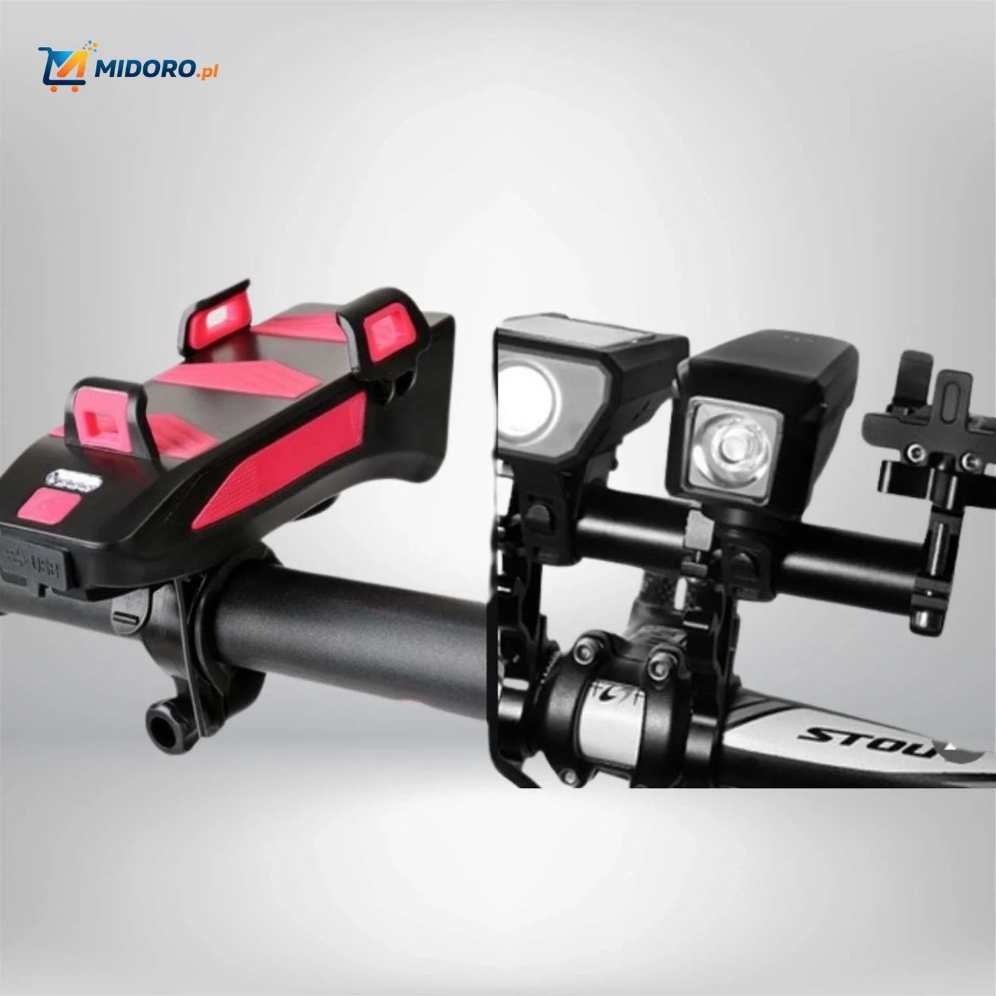 CycloMax™ Gadżet rowerowy | Uchwyt na telefon, powerbank, lampka i klakson