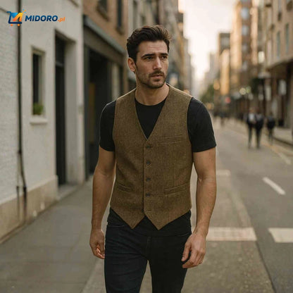 HerringLux™ Kamizelka | Wełniany tweed, wzór w jodełkę, styl brytyjskiego dziedzictwa