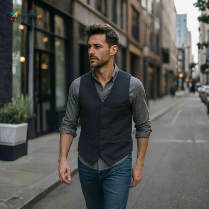 HerringLux™ Kamizelka | Wełniany tweed, wzór w jodełkę, styl brytyjskiego dziedzictwa