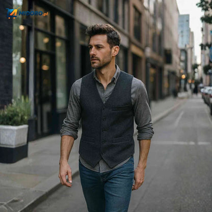 HerringLux™ Kamizelka | Wełniany tweed, wzór w jodełkę, styl brytyjskiego dziedzictwa